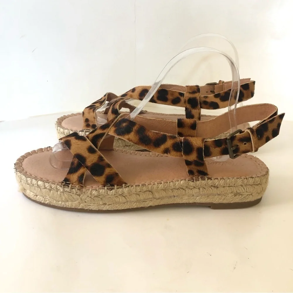 Madewell Malia Asymmetric Leopard Leather Calf Hair Espadrille Sandal Size 91/2